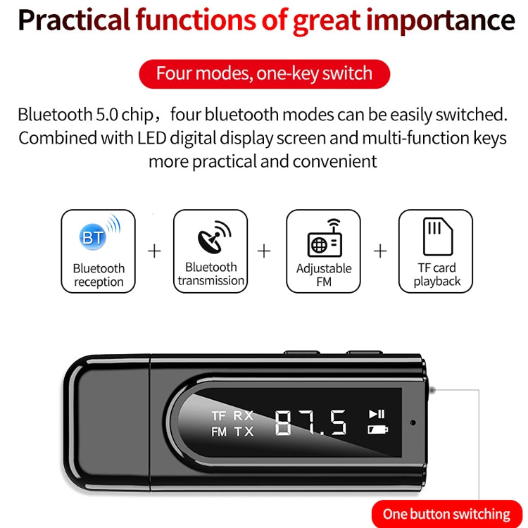 USB車載Bluetooth 5.0アダプター レシーバー FM + AUXオーディオ デュアル出力ステレオ送信機、K9 ブラック