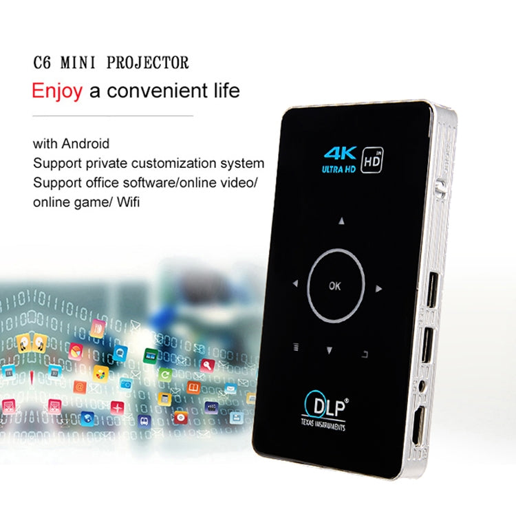 C6 2GB+32GB Androidスマート DLP HD プロジェクター ミニワイヤレスプロジェクター、USプラグ（ブラック）、EUプラグ（ブラック）、UKプラグ（ブラック）、AUプラグ（ブラック）、USプラグ（ホワイト）、UKプラグ（ホワイト）、AUプラグ（ホワイト）