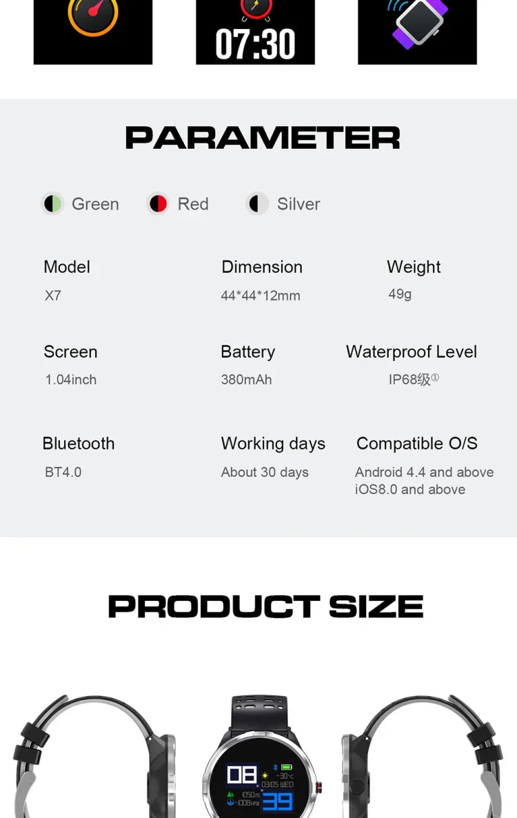 X7 スマートウォッチ IP68防水 メンズスポーツスマートウォッチ Android Bluetooth対応 心拍数 / 通話リマインダー / 歩数計 / 睡眠モニタリング / トラッカー対応