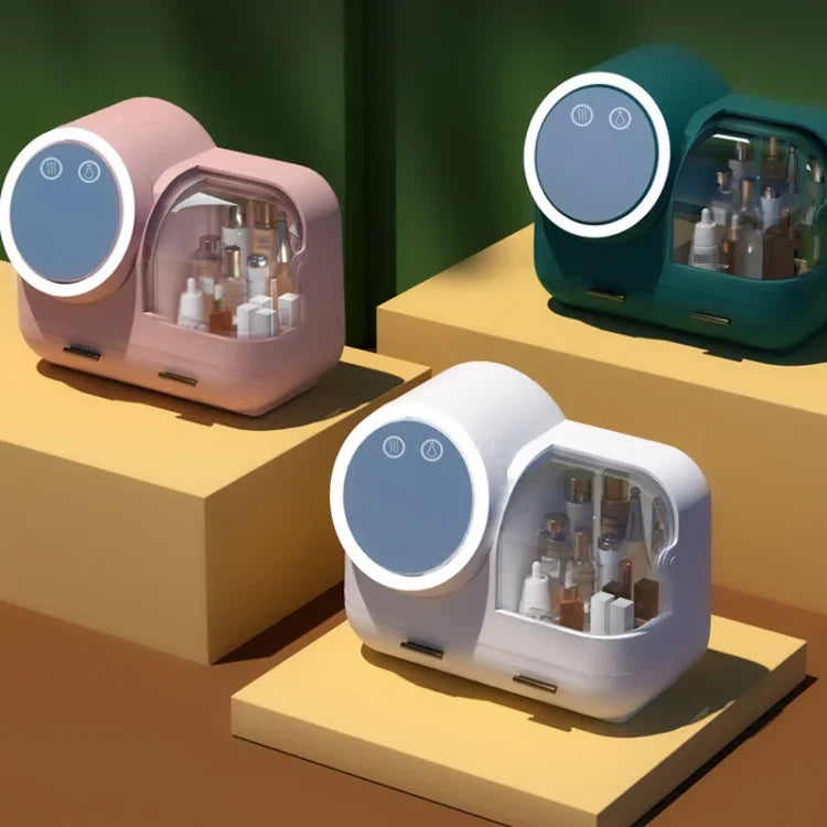 ミラーデスクトップメイクアップ＆防塵引き出し収納ボックス LEDライト付き、グリーンLEDモデル、ピンクLEDモデル、ホワイトLEDモデル、グリーンLED＋ファンモデル、ピンクLED＋ファンモデル、ホワイトLED＋ファンモデル