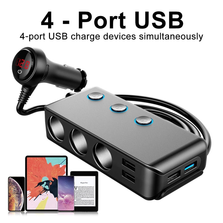 Car Cigarette Lighter Car Charger 3USB Port +1 QC3.0 + 3 Cigarette Lighter Ports + Back Clip Design + LED Display, HC67A