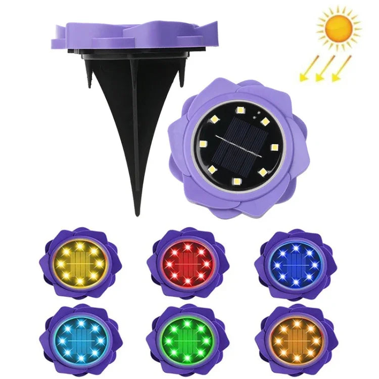 2個セット 8灯LED ソーラーペタル埋設ランプ 防水ガーデン芝生ライト、仕様：パープルリリー（ホワイトライト）、パープルリリー（ウォームライト）、パープルリリー（カラフルライト）、レッドローズ（ホワイトライト）、レッドローズ（ウォームライト）、レッドローズ（カラフルライト）