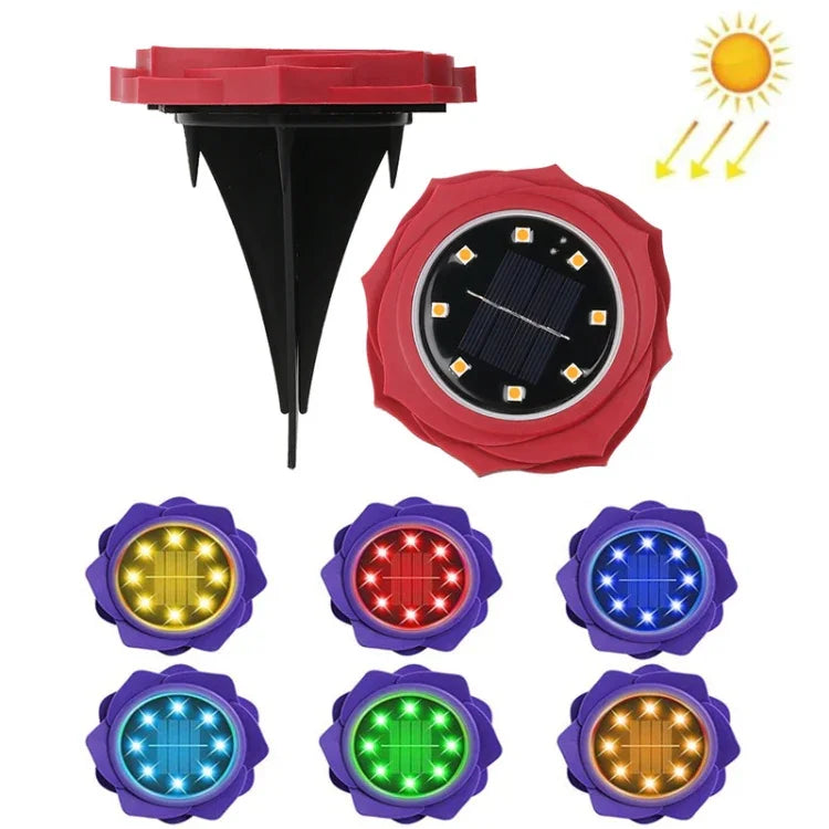 2個セット 8灯LED ソーラーペタル埋設ランプ 防水ガーデン芝生ライト、仕様：パープルリリー（ホワイトライト）、パープルリリー（ウォームライト）、パープルリリー（カラフルライト）、レッドローズ（ホワイトライト）、レッドローズ（ウォームライト）、レッドローズ（カラフルライト）
