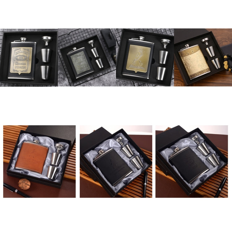 携帯用ステンレス製ヒップフラスクセット ワイングラスファンネル付き スタイル：8OZ ニュージャックパッチコア、8OZ オールドジャックパッチコア、8OZ オールドマンパッチコア、8OZ イエローフローラルパターンコア、7OZ ブラックレザージャックグレー、7OZ イエローレザージャックオールドマングレー