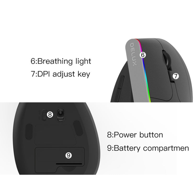 DELUX M618C 6キー 1600 DPI RGB 縦型 ワイヤレス Bluetooth デュアルモードマウス, M618C（ホワイト）, M618C（ブラック）