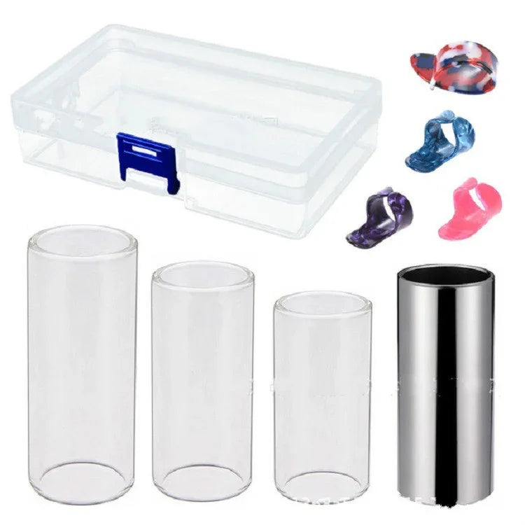 M02219 4-in-1 プレキシグラススライドバー + ステンレススライドバー + セルロイドギターフィンガーピック + プラスチックボックスセット、プレキシグラススライドバー