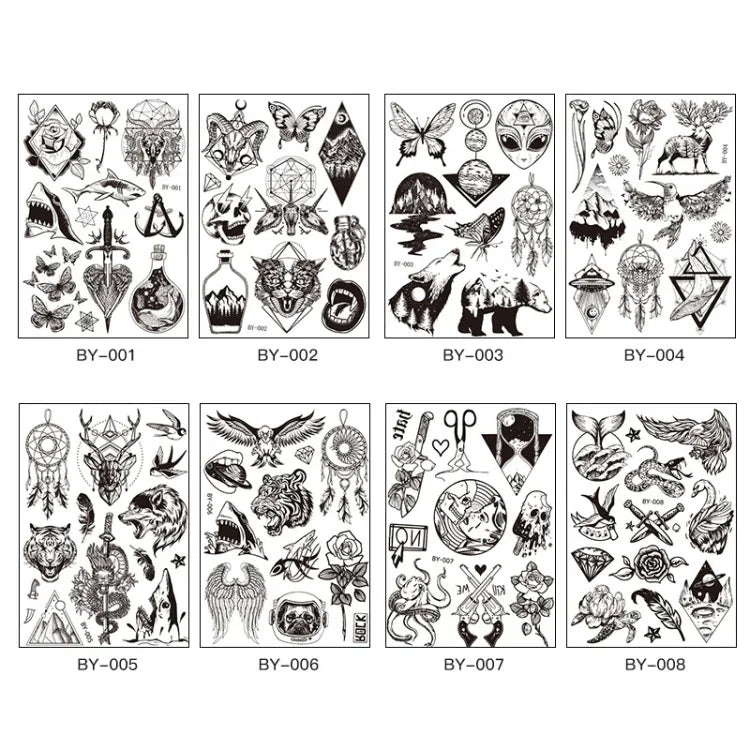 10枚セット ダーク蛍光色変化動物発光花柄アーム防水大人用タトゥーステッカー, BY-001, BY-002, BY-003, BY-004, BY-005, BY-006, BY-007, BY-008
