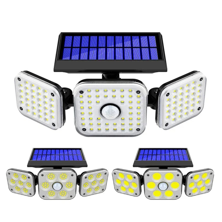 ソーラー3ヘッド回転式壁掛けライト人体感知屋外防水ガーデン街路灯、112 LED、138 LED、132 COB