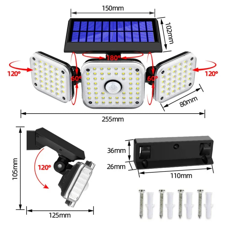 ソーラー3ヘッド回転式壁掛けライト人体感知屋外防水ガーデン街路灯、112 LED、138 LED、132 COB