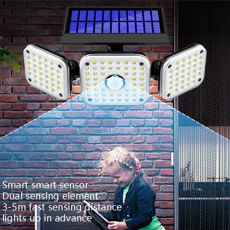 ソーラー3ヘッド回転式壁掛けライト人体感知屋外防水ガーデン街路灯、112 LED、138 LED、132 COB
