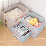 ファブリック スチールフレーム キルト 衣類収納ボックス 綿麻収納バッグ 窓付き、22L 39x29x20cm、100L 60x42x40cm、66L 50x40x33cm、24L 40x30x20cm
