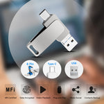 USB 3.0＋8ピン＋USB-C / タイプC 3-in-1 携帯電話・パソコン用金属回転式Uディスク, 32GB, 16GB, 64GB