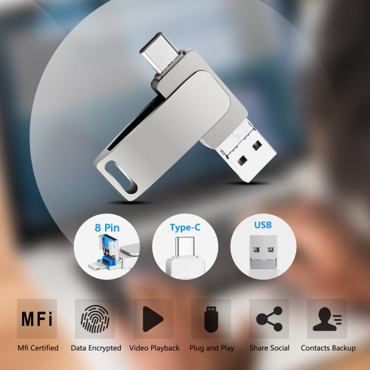 USB 3.0＋8ピン＋USB-C / タイプC 3-in-1 携帯電話・パソコン用金属回転式Uディスク, 32GB, 16GB, 64GB