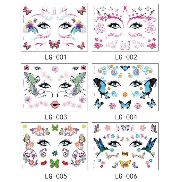 10枚入り 防水音楽フェスティバルグリッタータトゥーステッカー、LG-001、LG-002、LG-003、LG-004、LG-005、LG-006