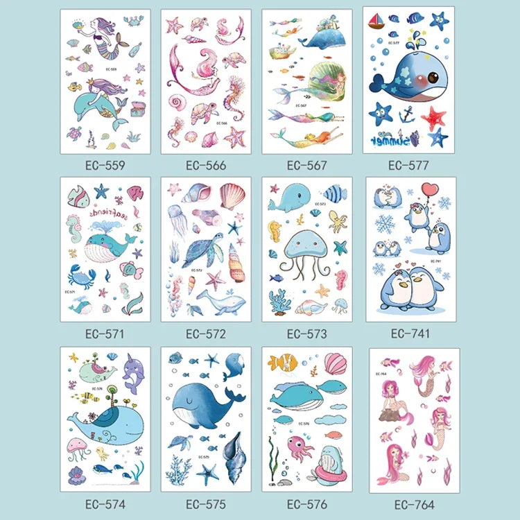 20枚入り 海洋動物防水子供用タトゥーステッカー、EC-559、EC-566、EC-567、EC-571、EC-572、EC-573、EC-574、EC-575、EC-576、EC-577、EC-741、EC-764