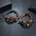 BX016 レトロ個性派 レザー ビーズブレスレット、ブラックレザー＋アンティークシルバーアクセサリー、レッドレザー＋アンティークシルバーアクセサリー、ホワイトレザー＋ブロンズアクセサリー、ライトブラウンレザー＋ブロンズアクセサリー