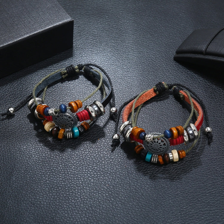 BX016 レトロ個性派 レザー ビーズブレスレット、ブラックレザー＋アンティークシルバーアクセサリー、レッドレザー＋アンティークシルバーアクセサリー、ホワイトレザー＋ブロンズアクセサリー、ライトブラウンレザー＋ブロンズアクセサリー