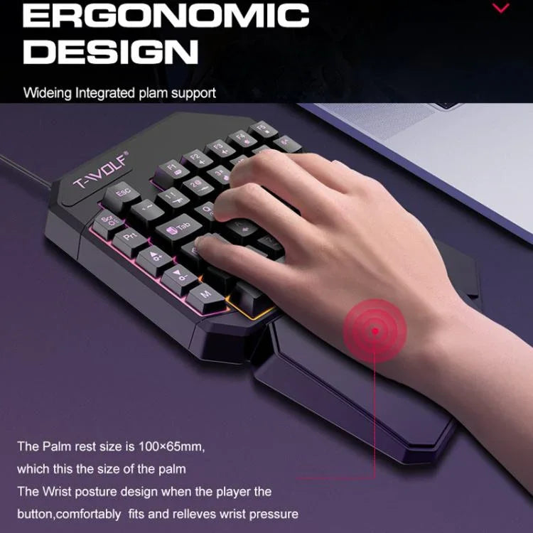 T-WOLF モバイルゲーミング片手用キーボード、仕様：T19キーボード、TF-900セット、キーボード＋マウス＋スローン