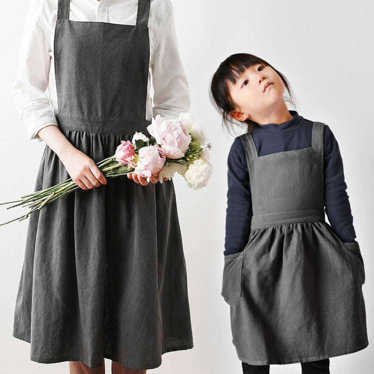 綿麻親子ペイントエプロン ベーキングコーヒーワークウェア サイズ：子供用（グレー）、子供用（オーツ）、大人用（グレー）、大人用（オーツ）、大人用（ピンク）