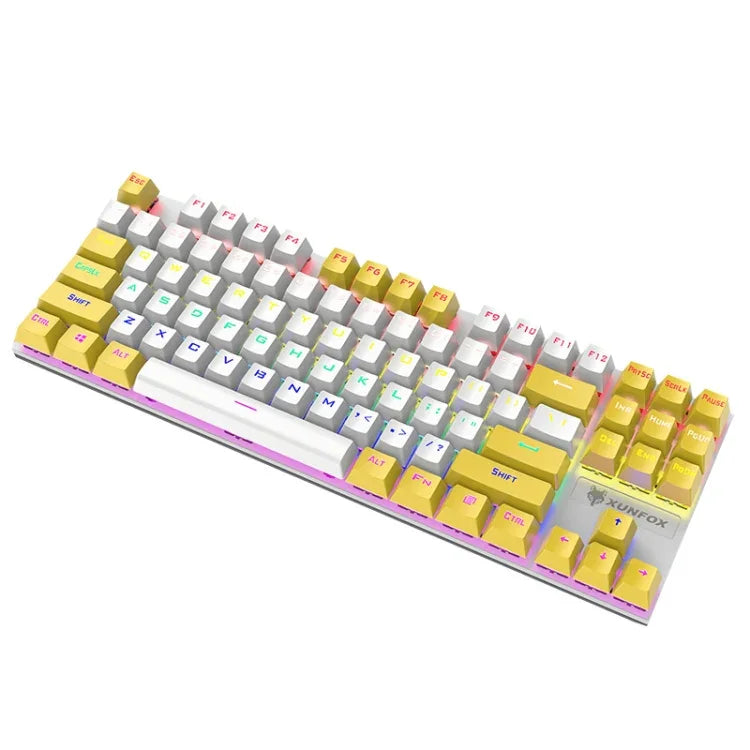 XUNFOX K80 87キー 有線ゲーミングメカニカルイルミネーションキーボード、ケーブル長さ：1.5m、ホワイトイエロー、ブラックグレー、ピンクホワイト、ブルーホワイト、ホワイトブルー、イエローホワイト、グレーブラック