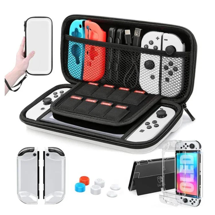 ゲームコンソールクリスタルシェルリモートセンシングキャップ強化フィルム収納バッグセット Switch OLEDコンソール用、収納バッグ＋クリスタルケース＋ロッカ―キャップx6＋強化フィルム、ホワイト収納バッグ14イン1（ハンドロープ）、ホワイト収納バッグ16イン1