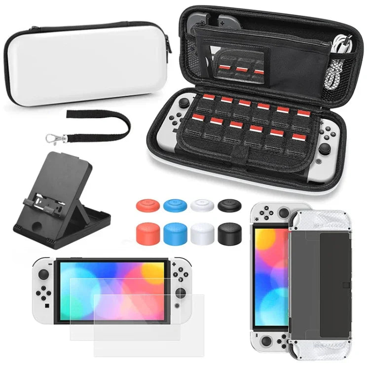 ゲームコンソールクリスタルシェルリモートセンシングキャップ強化フィルム収納バッグセット Switch OLEDコンソール用、収納バッグ＋クリスタルケース＋ロッカ―キャップx6＋強化フィルム、ホワイト収納バッグ14イン1（ハンドロープ）、ホワイト収納バッグ16イン1