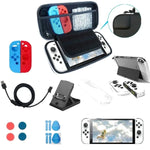 ゲームコンソールクリスタルシェルリモートセンシングキャップ強化フィルム収納バッグセット Switch OLEDコンソール用、収納バッグ＋クリスタルケース＋ロッカ―キャップx6＋強化フィルム、ホワイト収納バッグ14イン1（ハンドロープ）、ホワイト収納バッグ16イン1