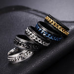 2個セット メンズステンレススチールエンボス回転チェーンリング、ブラック、スチールカラー、ブラックスチールカラー、ダークブルー