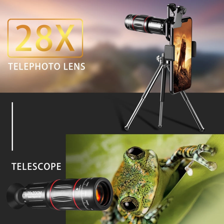 携帯電話用ユニバーサルレンズ望遠鏡 28X + 広角 0.6X + マクロ 20X + 魚眼 198度セット、多機能セット