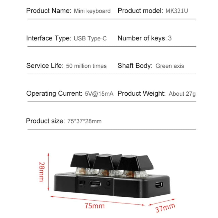 MK321 3キーカスタムキーゲームオフィスPSクリップマクロプログラミングキーパッド、ケーブル長さ：1.5m、ホワイト、ブラック