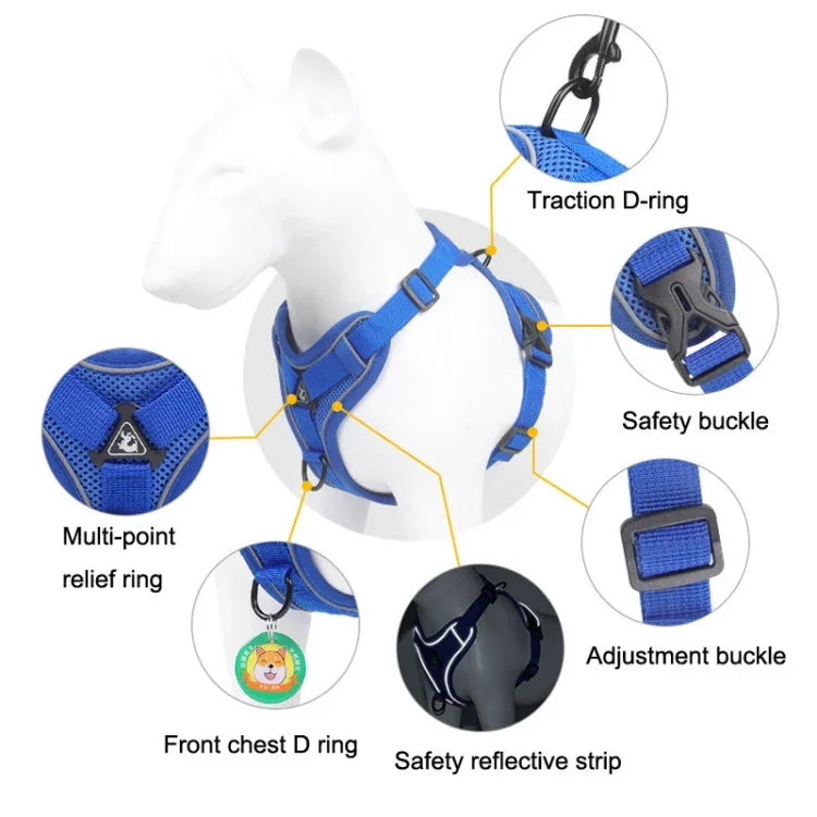 HT-864 ペット用トラクションロープ 反射通気性犬用チェストストラップベスト、サイズ：、S、M、L、XL