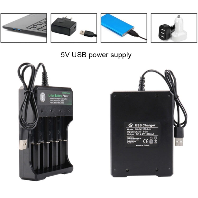 18650 4.2Vリチウム電池 USB独立4スロット充電器、4スロットUSB（ブラック）