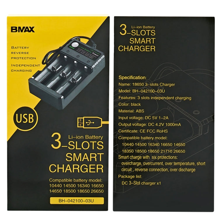 BMAX 18650 3スロット USB充電台 3.7/4.2V 独立リチウム電池充電器, 3スロットUSB(ブラック)