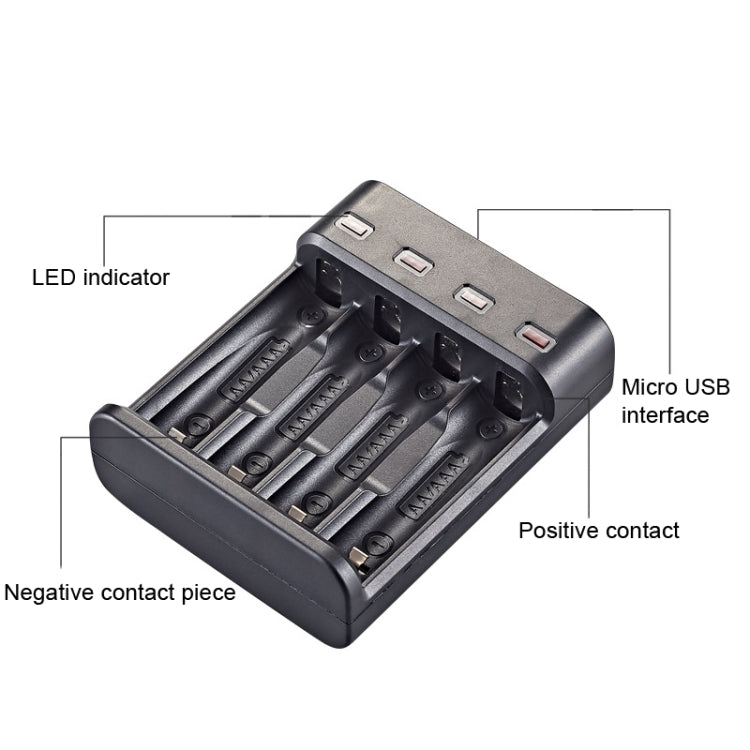 BMAX BH-804U 1.2V AA/AAA 充電式電池 独立4スロット USB充電器, 4スロット マイクロUSB(ブラック)