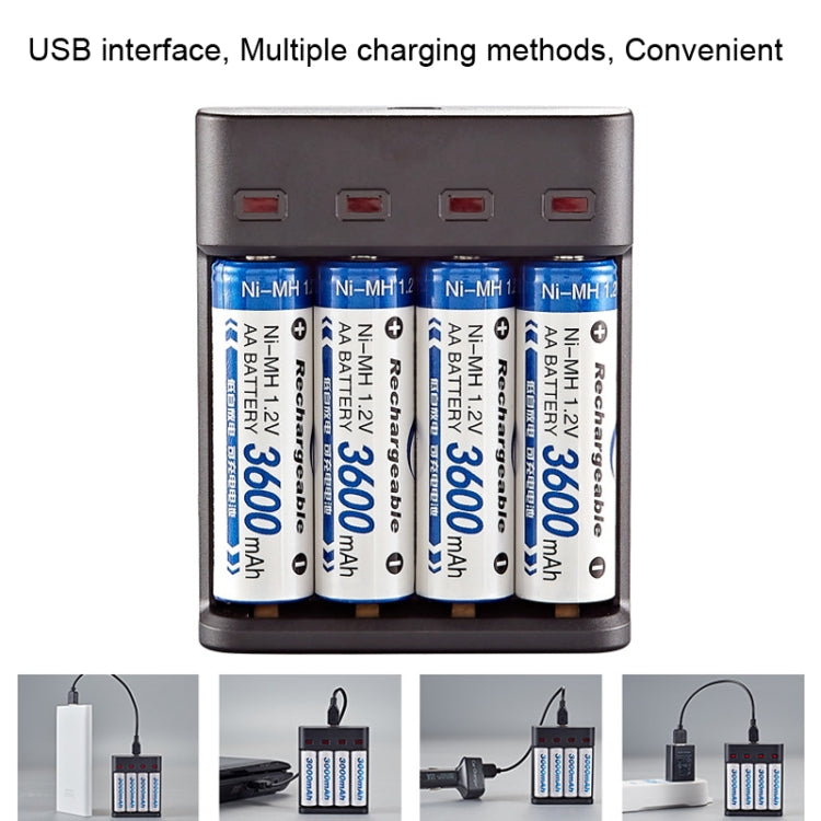 BMAX BH-804U 1.2V AA/AAA 充電式電池 独立4スロット USB充電器, 4スロット マイクロUSB(ブラック)