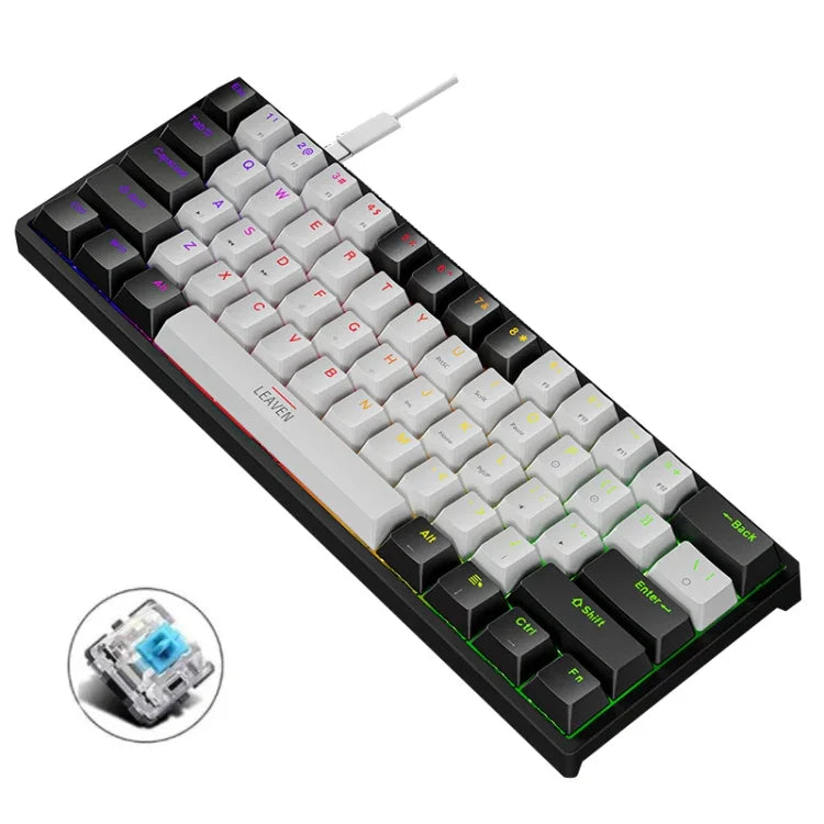 LEAVEN K620 61キー ホットプラグ対応発光ゲーミング有線メカニカルキーボード ケーブル長さ：1.8m ブラックグリーン軸、ホワイトグリーン軸、ブルーグリーン軸、ピンクグリーン軸、ホワイトブラックレッド軸、ブラックホワイトグリーン軸、ホワイトブラックグリーン軸