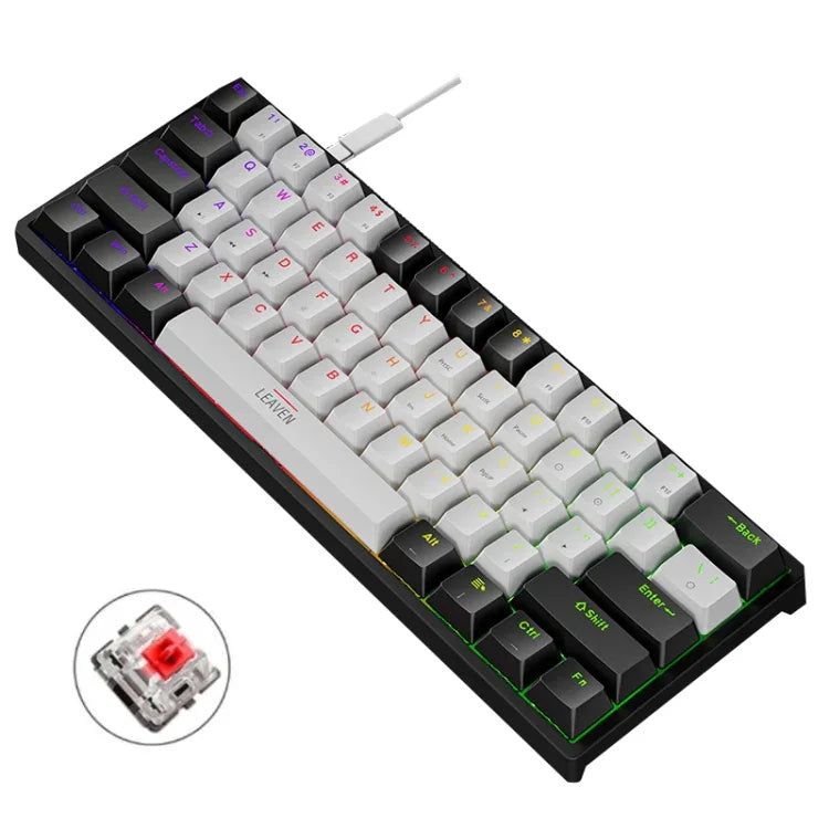 LEAVEN K620 61キー ホットプラグ対応発光ゲーミング有線メカニカルキーボード ケーブル長さ：1.8m ブラックグリーン軸、ホワイトグリーン軸、ブルーグリーン軸、ピンクグリーン軸、ホワイトブラックレッド軸、ブラックホワイトグリーン軸、ホワイトブラックグリーン軸