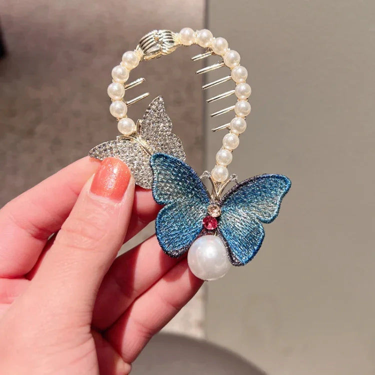 ラインストーンバタフライヘアクリップ刺繍ポニーテールヘアクラスプ