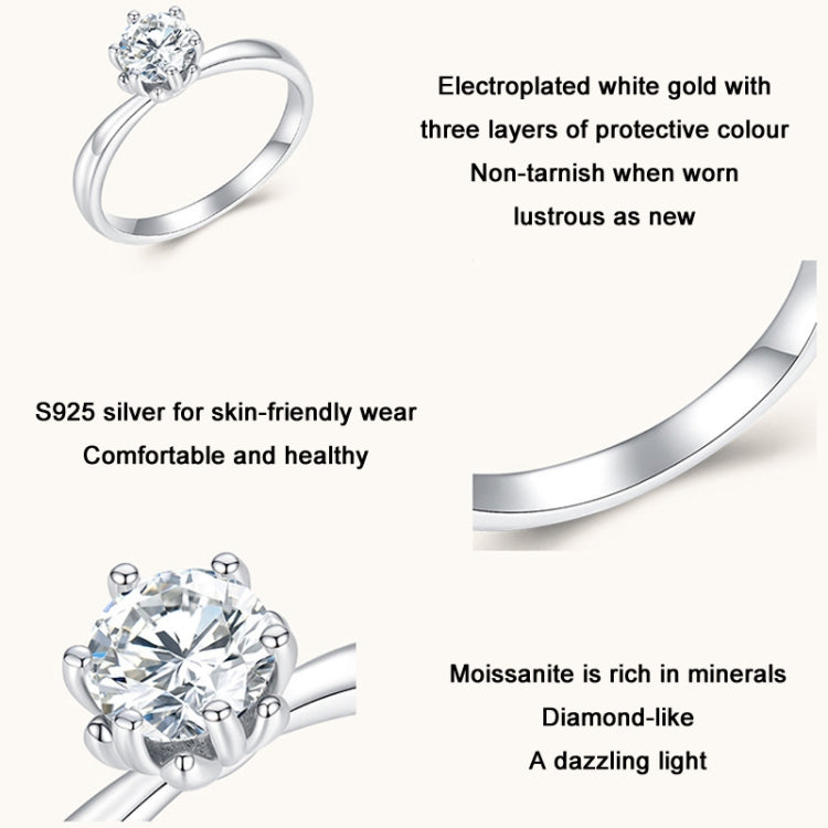 MSR006 スターリングシルバー S925 六本爪モアサナイトリング ホワイトゴールドメッキジュエリー、No.6、No.7、No.8