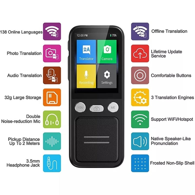 T16 スマートAI翻訳旅行用翻訳機 138言語相互翻訳対応 14言語オフライン翻訳対応、T16 ブラック