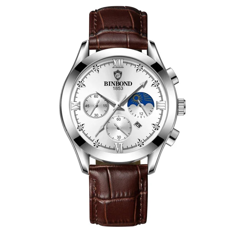 BINBOND B3591 30m Waterproof Luminous Calendar Men Watch, Black Steel-Black, Black Leather-White-Black, Brown Leather-White-White