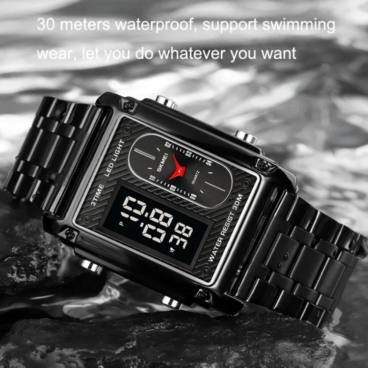 SKMEI 1868 Square Double Display Waterproof Men Watch, Style:, Steel Belt (Black), Leather Belt (Black), Steel Belt (Rose Gold), Leather Belt (Rose Gold), Steel Belt (Gold), Leather Belt (Gold), Steel Belt (Silver), Leather Belt (Silver)