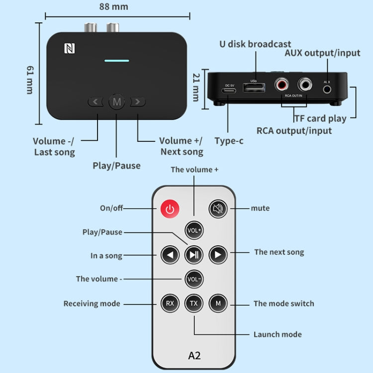 A2 NFC 5.1 Bluetooth Uディスク/TFカード/AUX/RCA受信送信機、A2