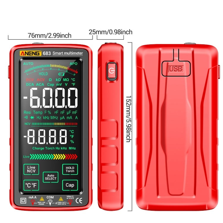 ANENG 683 スマートタッチスクリーン自動レンジ充電式マルチメーター、683 レッド、683 ブラック