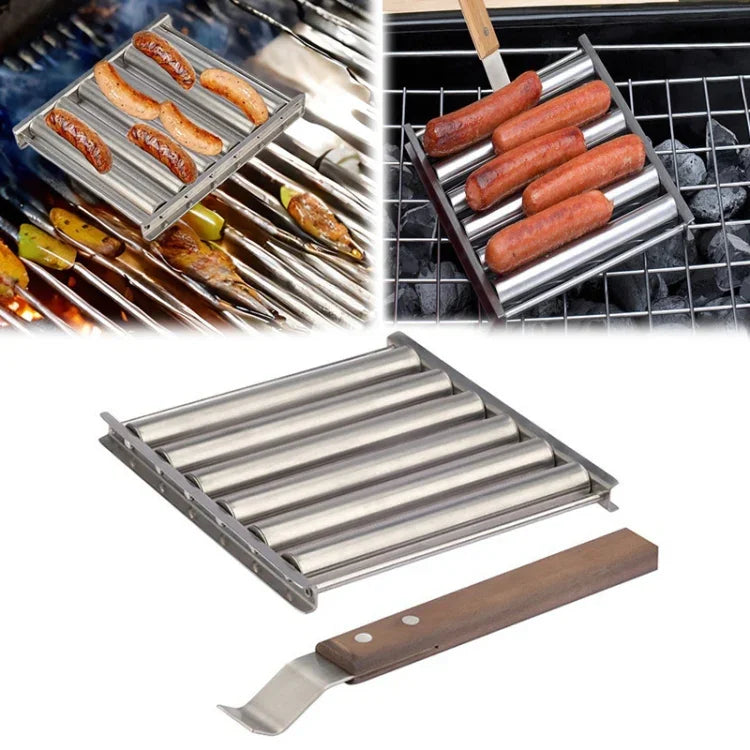 ホットドッグソーセージグリル ステンレス製木製ハンドル BBQラック キッチンツール、ホットドッグソーセージグリル