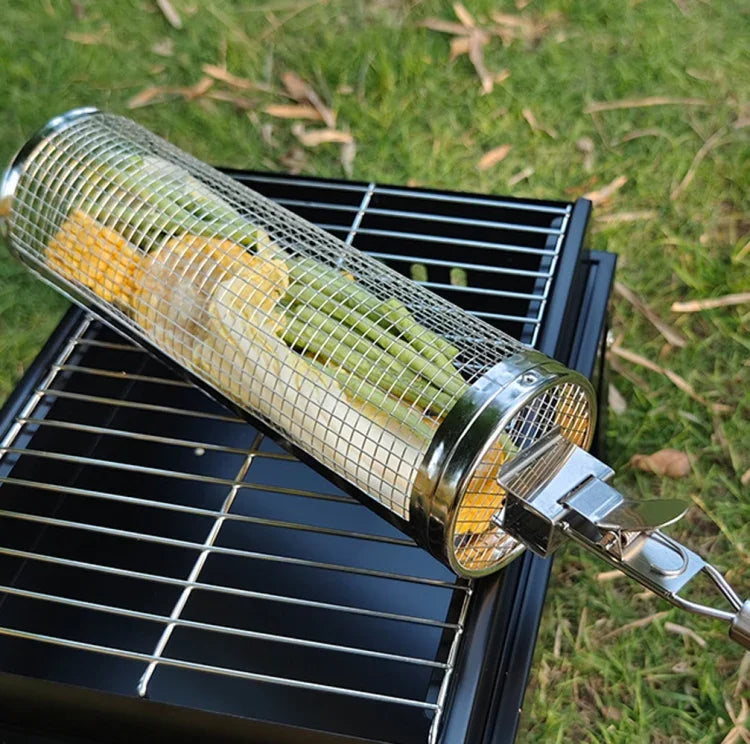 ハンドル付きアップグレード BBQケージ ステンレス製バーベキューバスケット、30cm＋ハンドル18cm