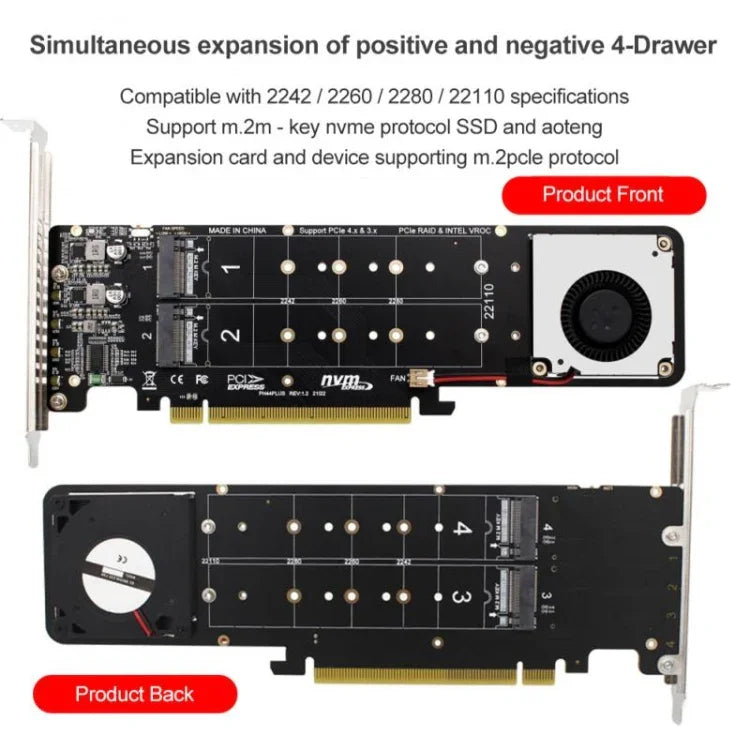 PCI-E X16 から M.2 Mキー NVME X4 SSD RAIDアレイ拡張アダプター 2242/2260/2280/22110対応、PH44Plus