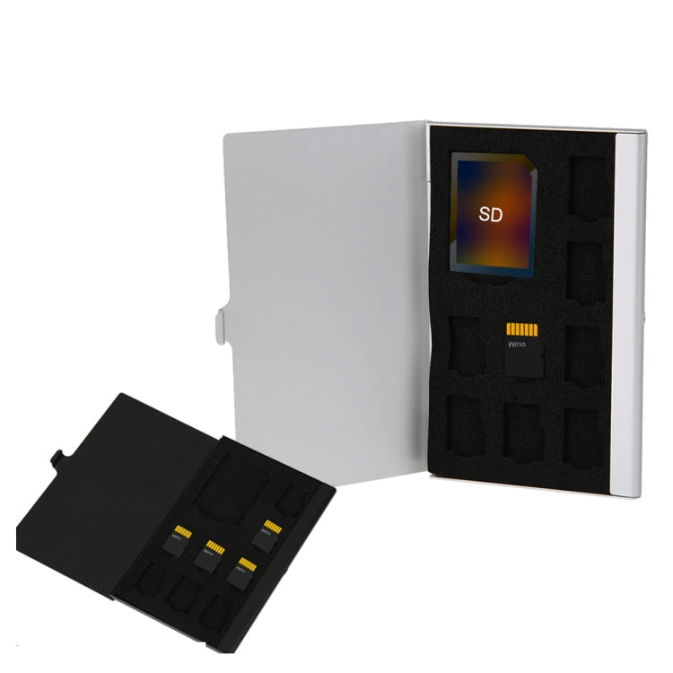 1SD+ 8TF アルミニウムマイクロSDカードホルダーピン収納ボックス SD/SIM/TFメモリーカード用9スロット、ブラック、シルバー