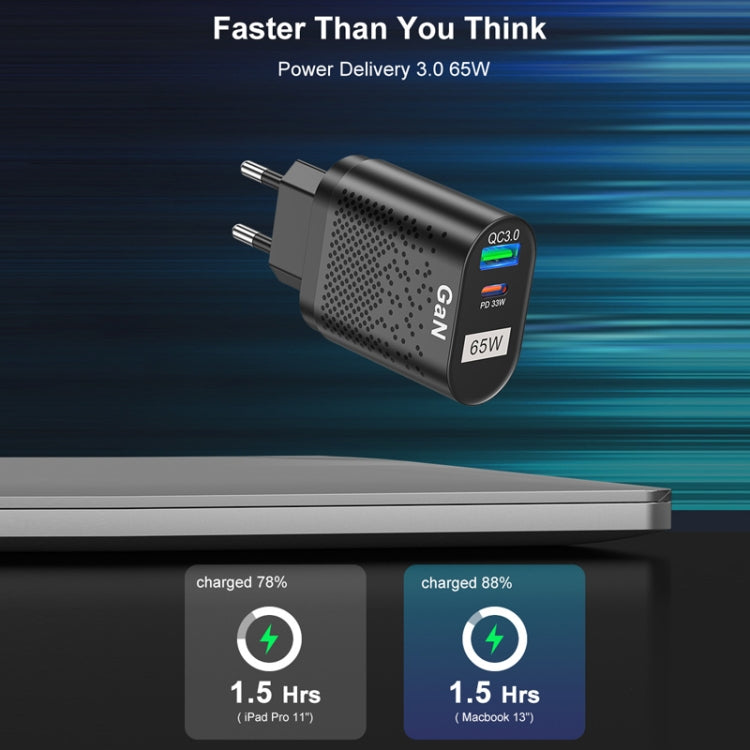 65W GaN モバイルフォン充電器 PD急速充電 コンピューターアダプター ブラック EUプラグ、ブラック UKプラグ、ブラック USプラグ、ブラック AUプラグ、ブラック KRプラグ、ホワイト EUプラグ、ホワイト UKプラグ、ホワイト USプラグ、ホワイト AUプラグ、ホワイト KRプラグ