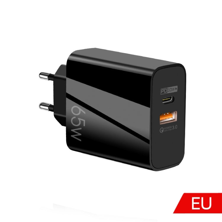 A502 65W USB-C/Type-C+USB デュアルポート GaN チャージャー QC3.0 ノートパソコン用ユニバーサル充電器、EUプラグ ブラック、EUプラグ ホワイト、USプラグ ブラック、USプラグ ホワイト、UKプラグ ブラック、UKプラグ ホワイト